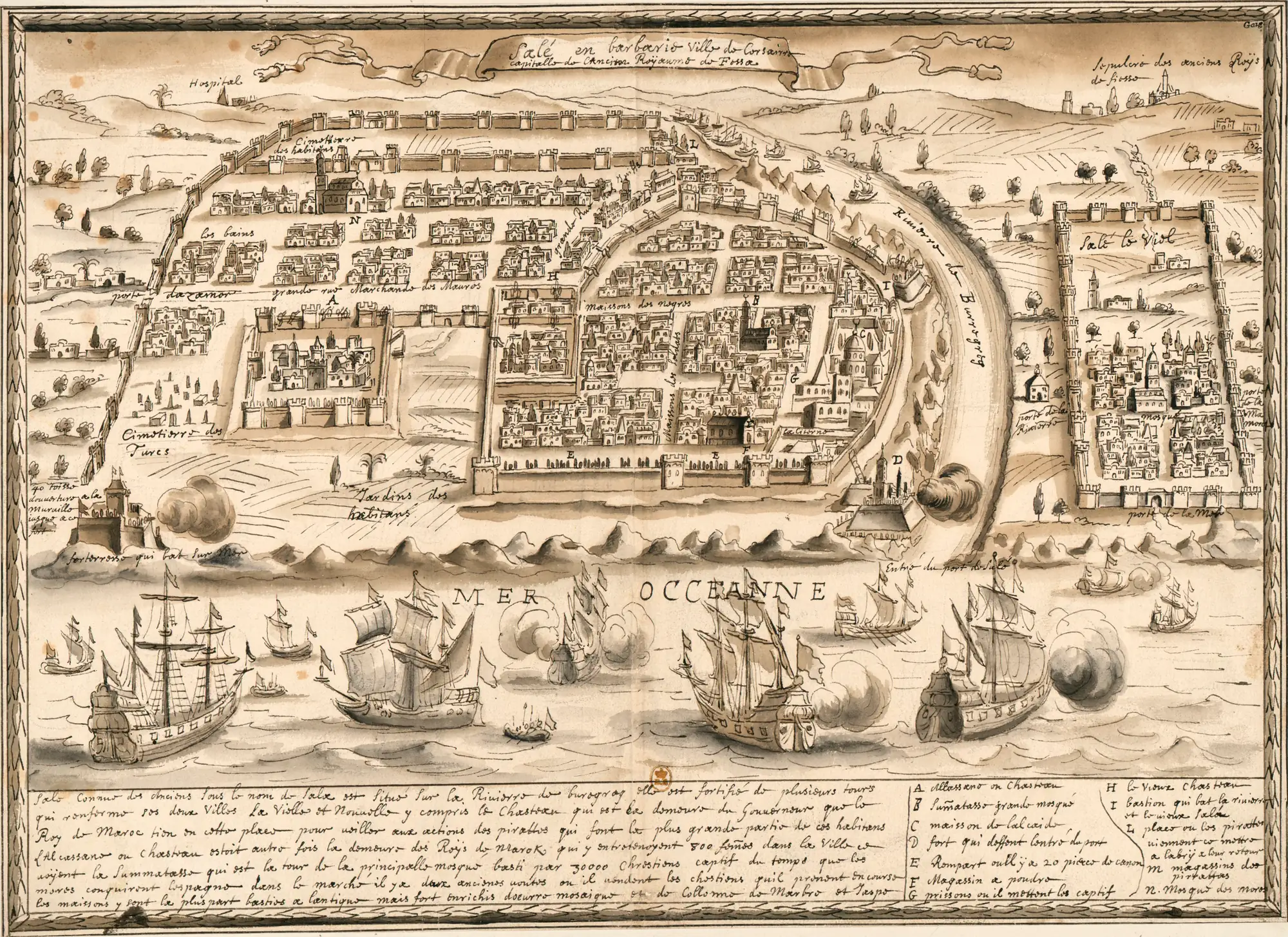 Dessin ancien à la plume et au lavis&nbsp;: deux villes fortifiées de part et d'autre d'un fleuve, navires à voiles au premier plan
