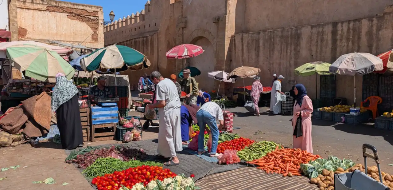 Marché de fruits et légumes au pied des remparts de Salé, étals posés au sol sous des parasols