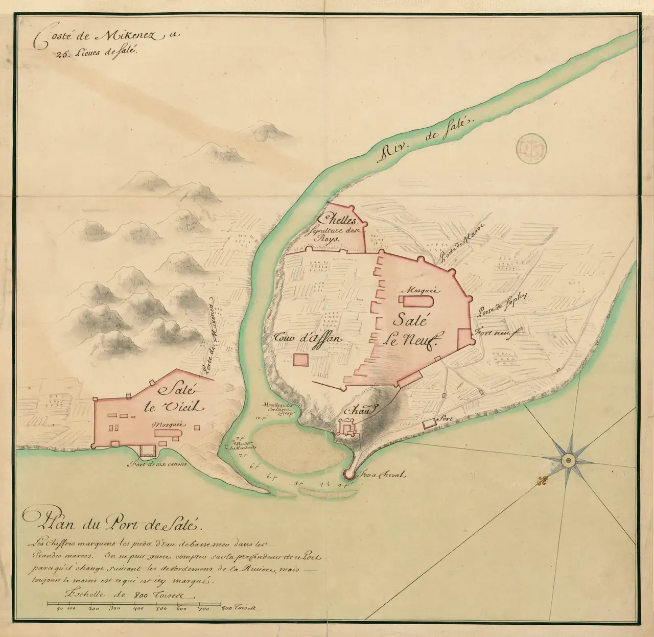 Plan ancien aquarellé&nbsp;: l'estuaire d'un fleuve, deux enceintes en rose, profondeurs notées, rose des vents